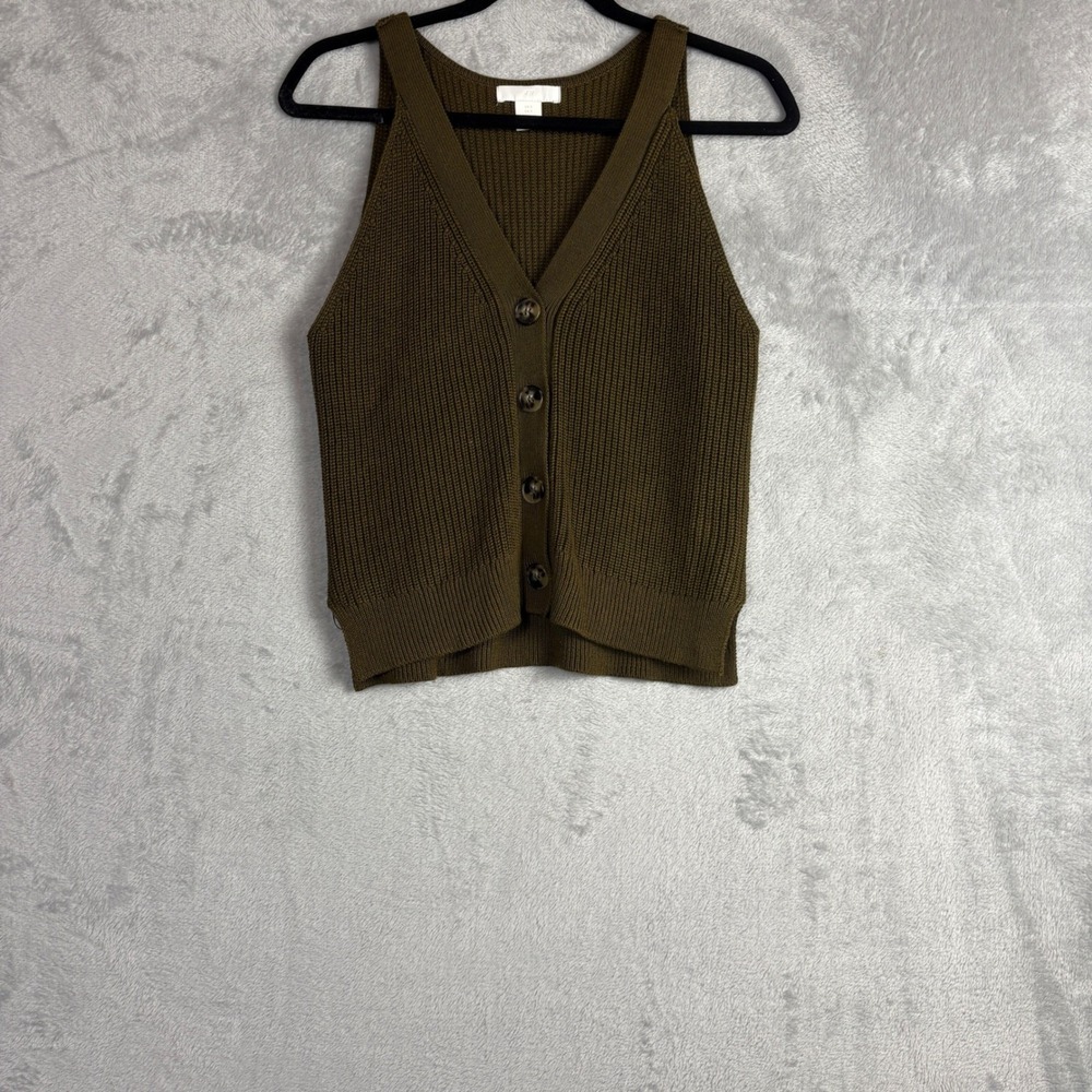 H&M Sweater Vest Button Front Ribbed Knit S Olive Green Holiday Cozy Gorpcore